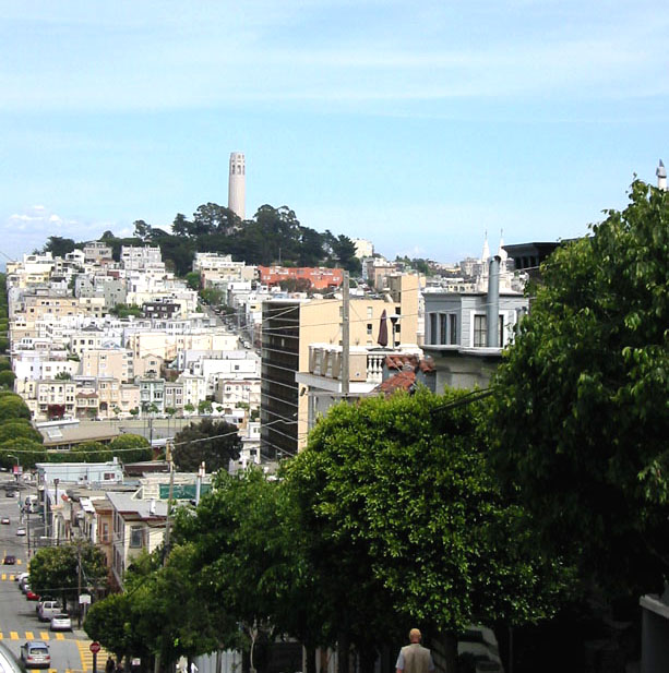 view of Coit Tower from Lombard Street