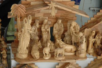 Carved nativity scene at a souvenir shop