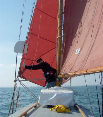 Poling out the staysail (otherwise known as goose-winging)