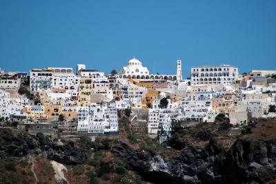 view on Fira from ferry entering the Santorini Caldera