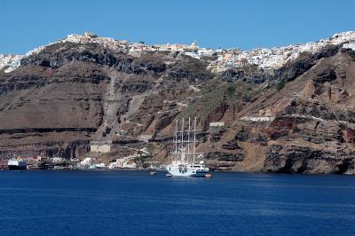 view on Fira from ferry entering the Santorini Caldera