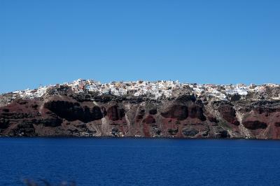 view on Oia from ferry entering the Santorini Caldera