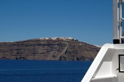 view on Imerovigli from ferry entering the Santorini Caldera