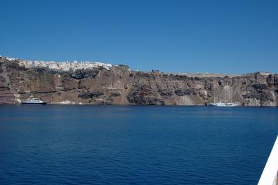 view on Fira from ferry entering the Santorini Caldera