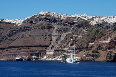 view on Fira from ferry entering the Santorini Caldera