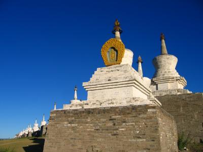 Line of stupas atop the monastery walls