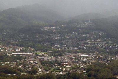 light rain falls onto wahiawa-town, good for rainbows later in the day, i live near the bottom of the long straight street on the right