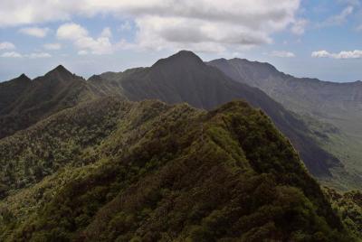 from the turn around spot, looking south towards honolulu, half the group continued down the ridge to a few more peaks, we looked for snails here, its nature conservancy land. 