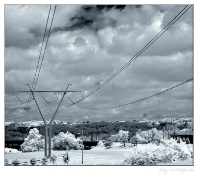 Landscape with line of electricity transmission