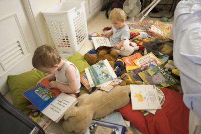 4595 Luis and Oscar camping and reading in mum and dads room